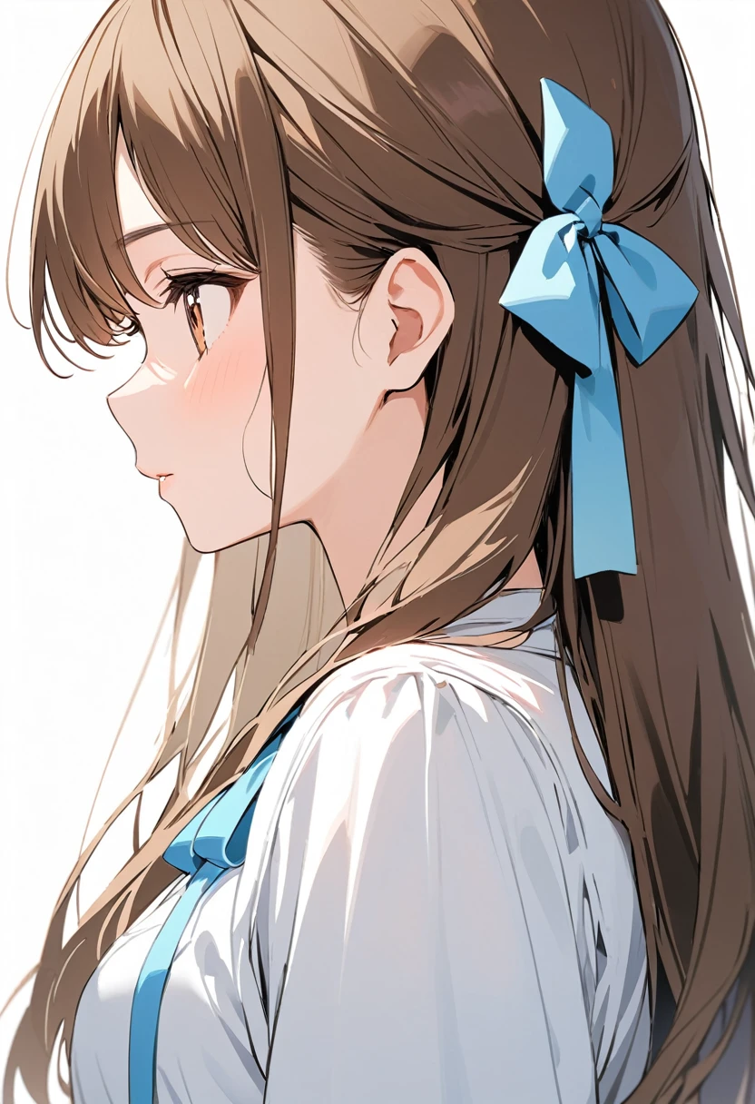 adult、woman、profile、Brown Hair、Long Hair、Close up of upper body、A large light blue ribbon hair ornament、Cute white clothes、White background