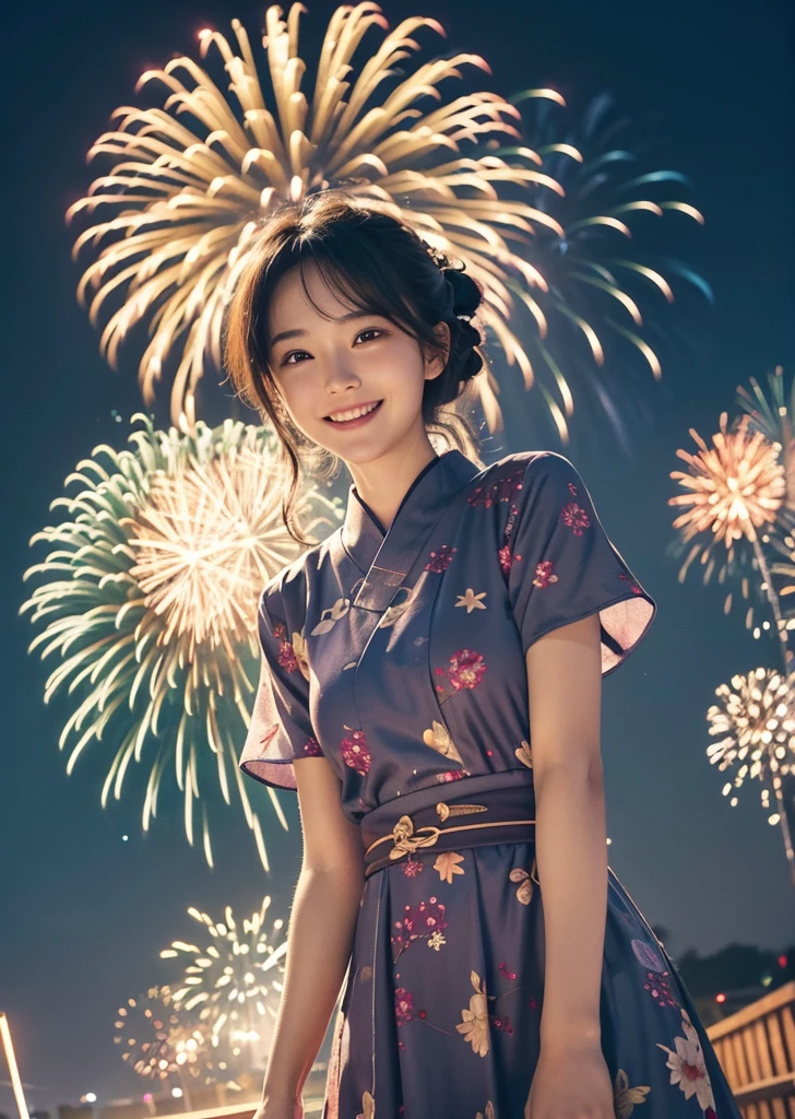 Diffuse lighting、 Highest quality, High resolution, unity 8k wallpaper、Supersaturation, Colorful, 8K resolution, 1 female、Japanese、23age、Close-up portrait adorable, Fine grain, Summer dress、Wearing a short-sleeved dress、smile、looks fun、 Colorful fireworks burst into the sky. The atmosphere was cheerful, Aerial fireworks、looks fun、Japanese Festivals, Best Quality, Depth of written boundary, Detailed Background, Beautiful cheeks, Sparkling Eyes, And the starry sky at night,
