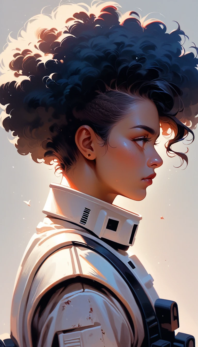 Stormtrooper、Afro-American、20-year-old、woman、Black Hair、profile、Upper Body、Simple Background