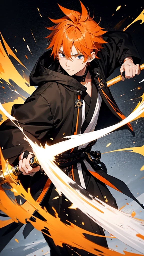 ager. Male. Orange hair. Black irises. Round face. Black samurai robe with gold linings. White overcoat. Giant paint brush as weapon.