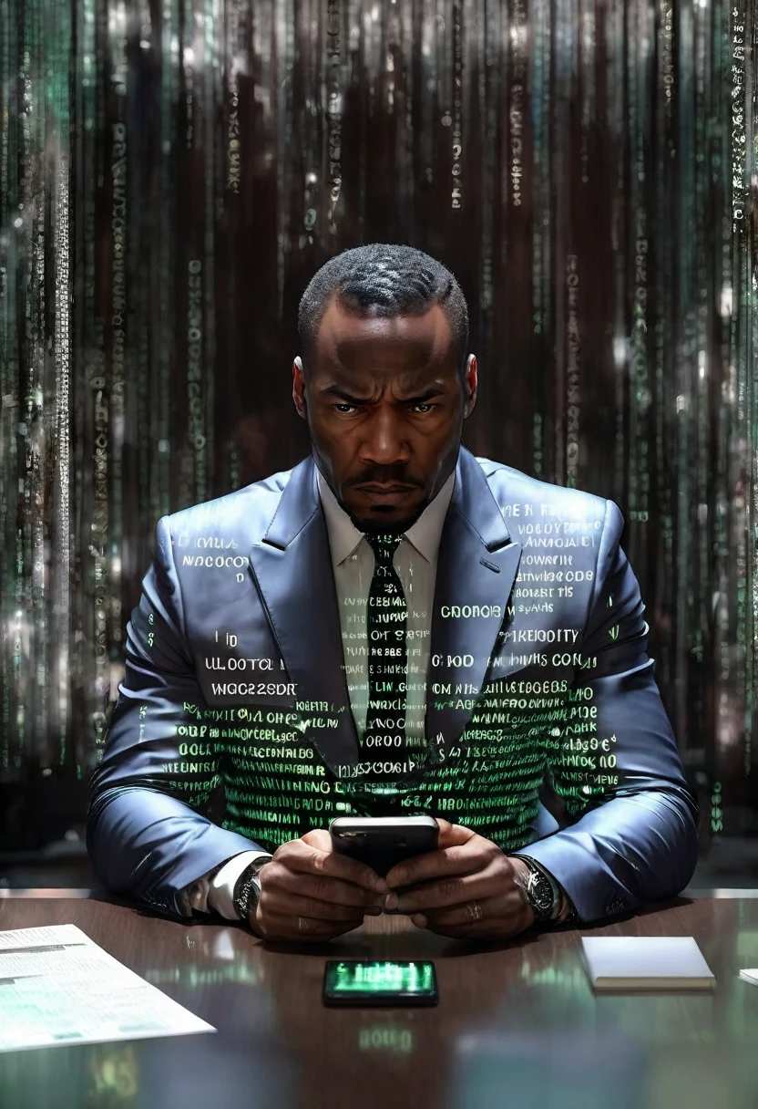 Confused black man in a suit sitting in his luxurious office staring at his phone, hologram phone messages floating around him, the messages with words "0 balance" , 32k, ultra HD, unreal engine rendered, cinematic lighting 