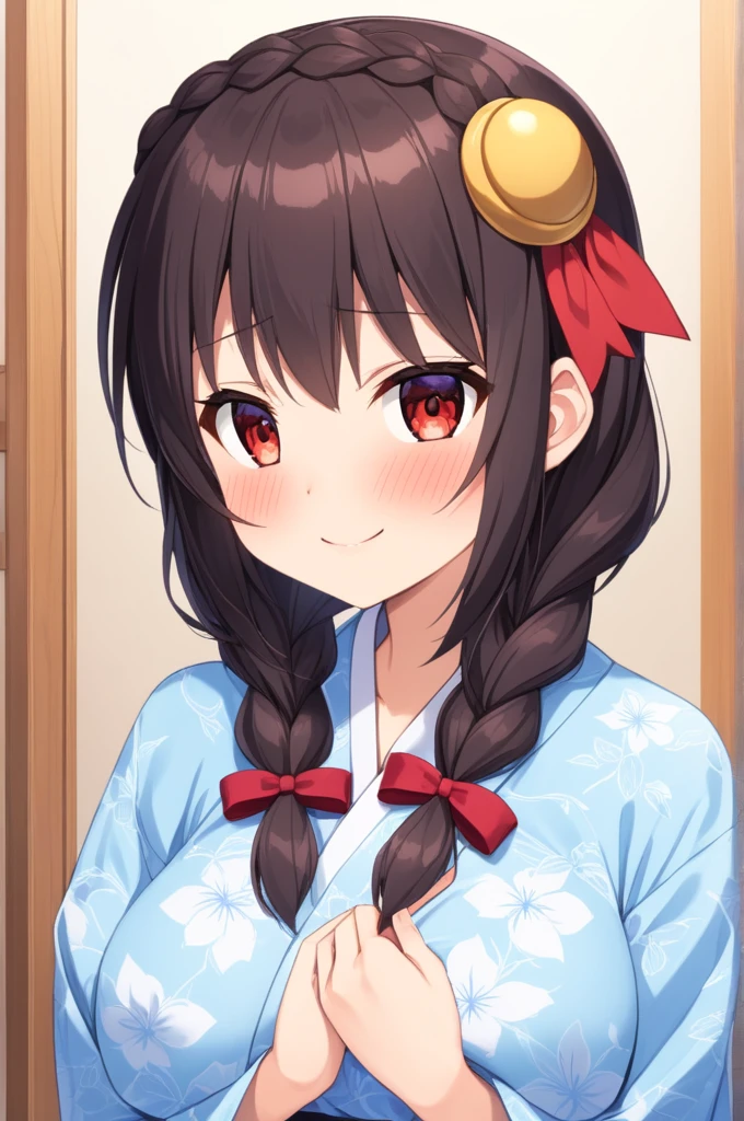 alone, One girl、Crown braids in the same color as your hair, hair ornaments, Hair Ribbon,(A light blue kimono with a red floral pattern and a red obi.)、Red Eyes、Black Hair、(blush:1.6)、(Smiling through tears:1.5)、Larger breasts、(Sit on the bed)