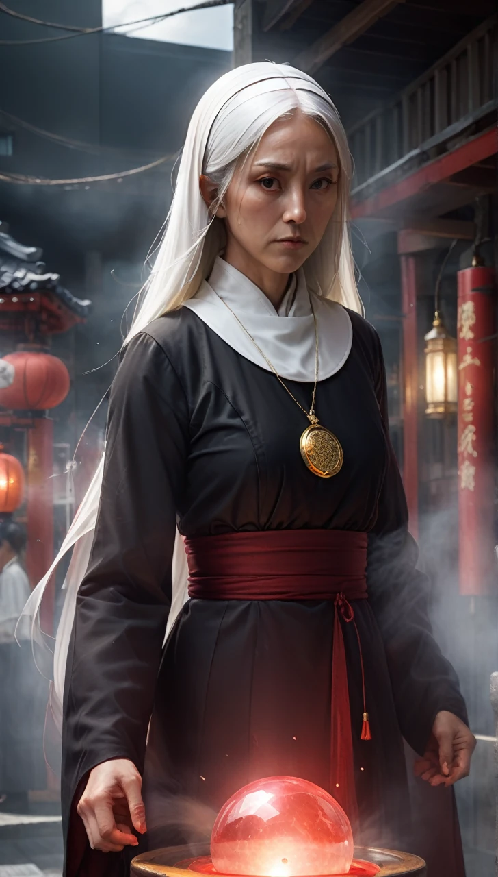 high resolution high quality Reality suspicious Japan nun In front of a round crystal Upper Body Looming metallic Transparency Facing forward suspicious雰囲気 Dark atmosphere Upper Body Close-up of face Skinhead Bloodshot 50 years old Voluptuous Plump fat Japanese Style Fortune teller prophet Giant Plumpな顔つき