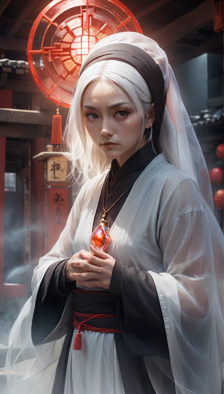 high resolution　high quality　Reality　suspicious　Japan nun　In front of a round crystal　Upper Body　Looming　metallic　Transparency　Facing forward　suspicious雰囲気　Dark atmosphere　Upper Body　Close-up of face　Skinhead　Bloodshot　50 years old　Voluptuous　Plump　fat　Japanese Style　Fortune teller prophet　Giant　Plumpな顔つき