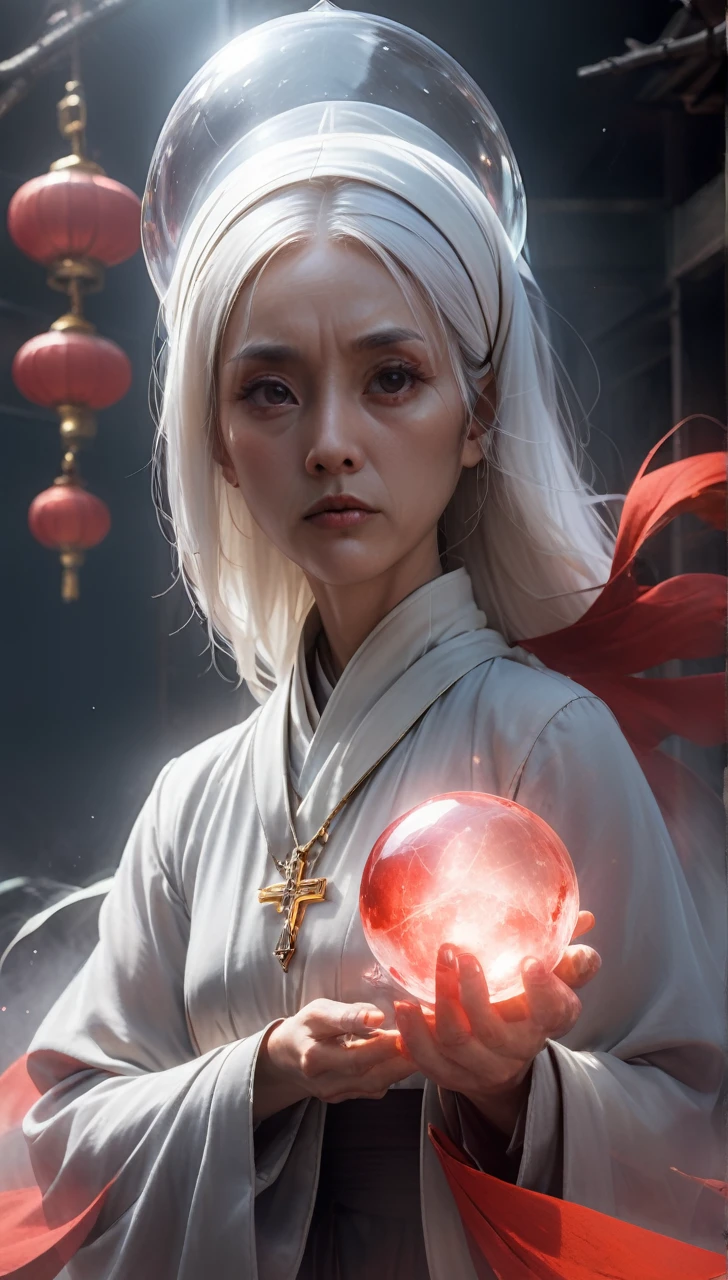 high resolution　high quality　Reality　suspicious　Japan nun　In front of a round crystal　Upper Body　Looming　metallic　Transparency　Facing forward　suspicious雰囲気　Dark atmosphere　Upper Body　Close-up of face　Skinhead　Bloodshot　50 years old　Voluptuous　Plump　fat　Japanese Style　Fortune teller prophet　Giant　Plumpな顔つき