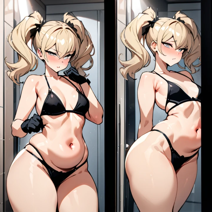 ((detailed)), ((Masterpiece)), ((Best Quality)), a caucasian woman in a black bikini posing in a bathroom, black boots, black gloves, light blonde hair, young woman, small breasts, flat bust, exaggerating large hips, Wide hips, thick thighs, perfect belly, Twink tails, Full body portrait, common pose, seductive expresión