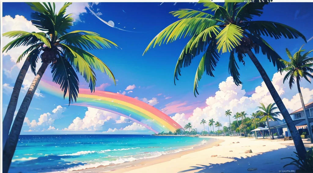 watercolor, rainbow sky, moon, beach, palm tree
