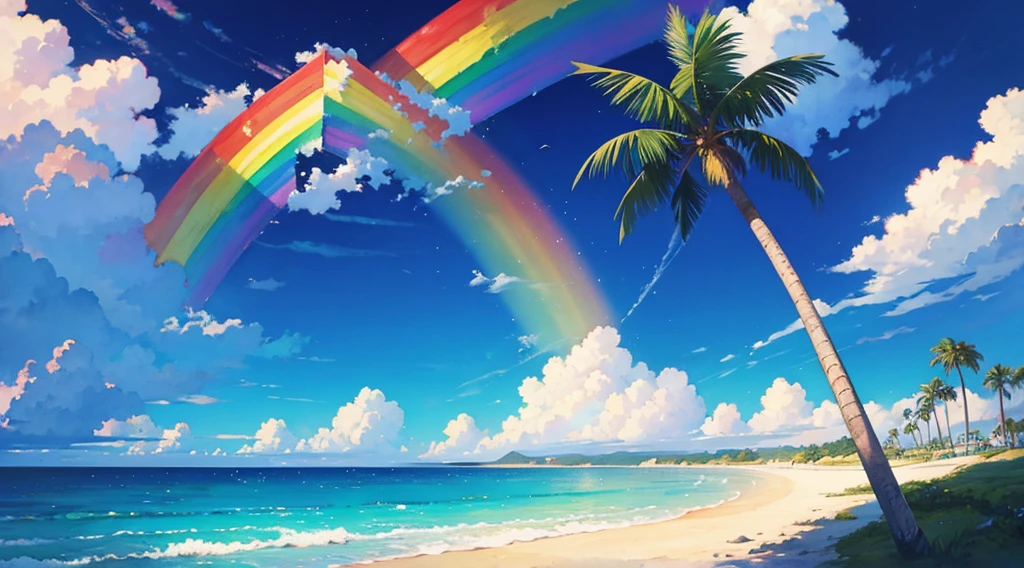 watercolor, rainbow sky, moon, beach, palm tree