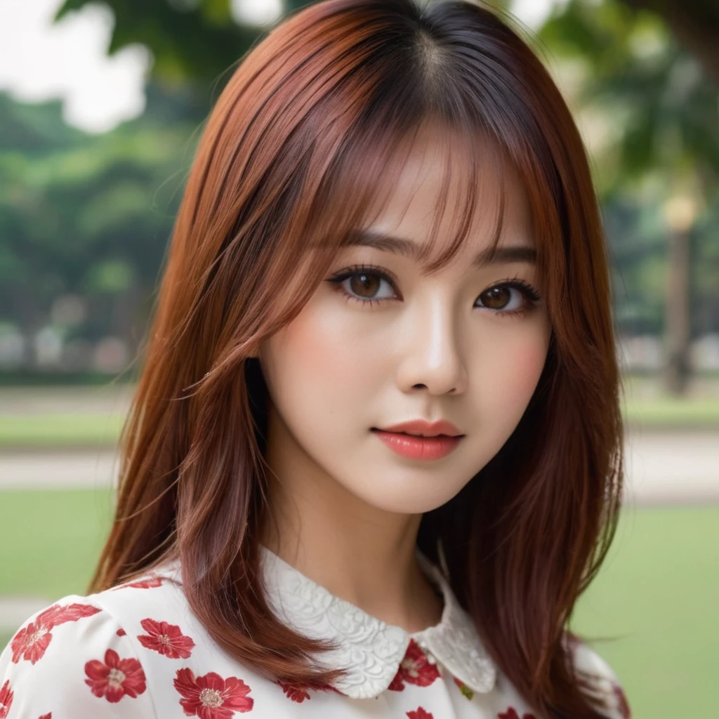 make a picture of a young indonesian woman, cute face, sleek and straight hair. she have a layered haircut, flaming red haircolor. she wears a white dress with flower pattern dress, at the park. Elegant pose, slight smile. Cute lips, brown eyes, detailed face.