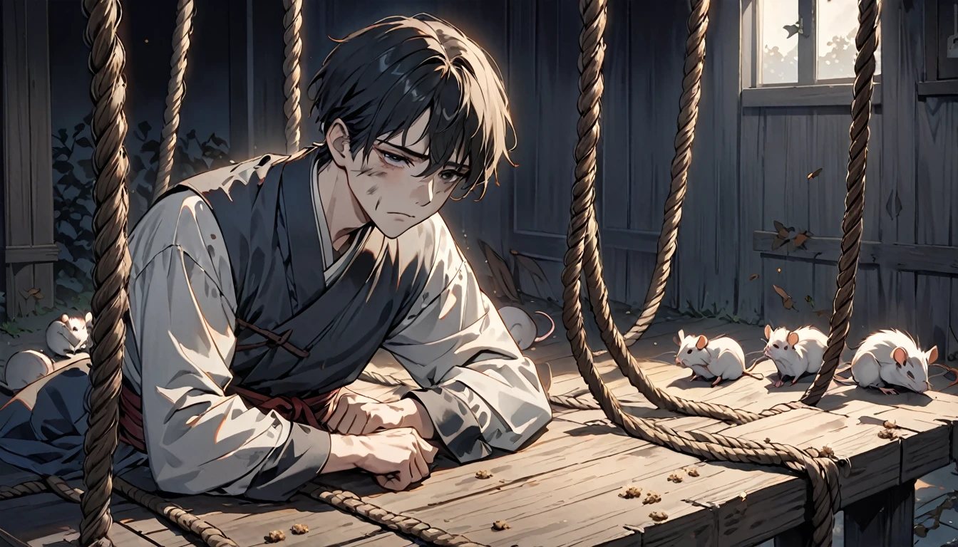 high resolution, An incomparable masterpiece, bad lighting, very dark shadows, depressive expression, Tired appearance, dirty face and too tired, beautiful 25 year old man, He is tied whole body with several ropes to a wooden board in a dark closed place without lighting., focuses on breadcrumbs for the rats that were there, numerous rats