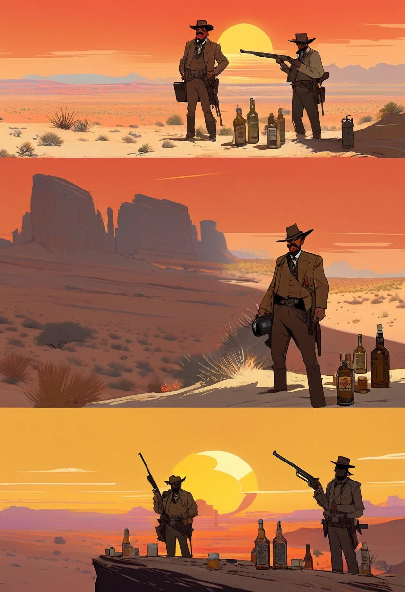 score_9, score_8_up, score_7_up, score_6_up, score_5_up, score_4_up, 1man, Western, Desert, red sun, scorching sun, arid, Horizon, far away, Wild West, red dead Redemption, cartoon art style, Bartender, Beer, Whiskey, Liquor Shelf, Huge Mustache, Period Clothing, Old, slight, Skinny, Proboscis, big nose, tiny glasses, Grizzled, elderly, cleaning a mug of beer, Shotgun on the counter
