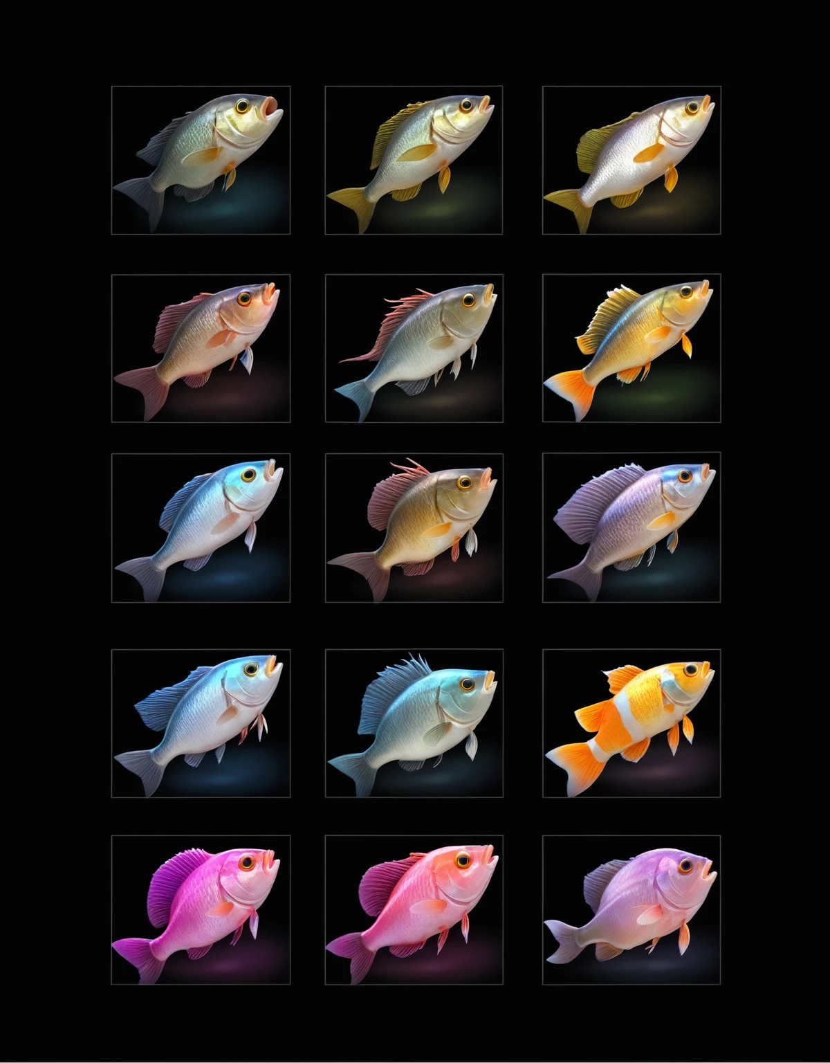 a close up of a bunch of fish on a black background, fish, fishes, Game Icon Assets, fishing, A set of high quality HD sprites, 3d icons for mobile games, heavily stylized, shining!!, Super detailed, High-quality screenshots, moon light fish eye illustrator, High-quality illustrations, colorful fish, very stylized, Three 0, New Species