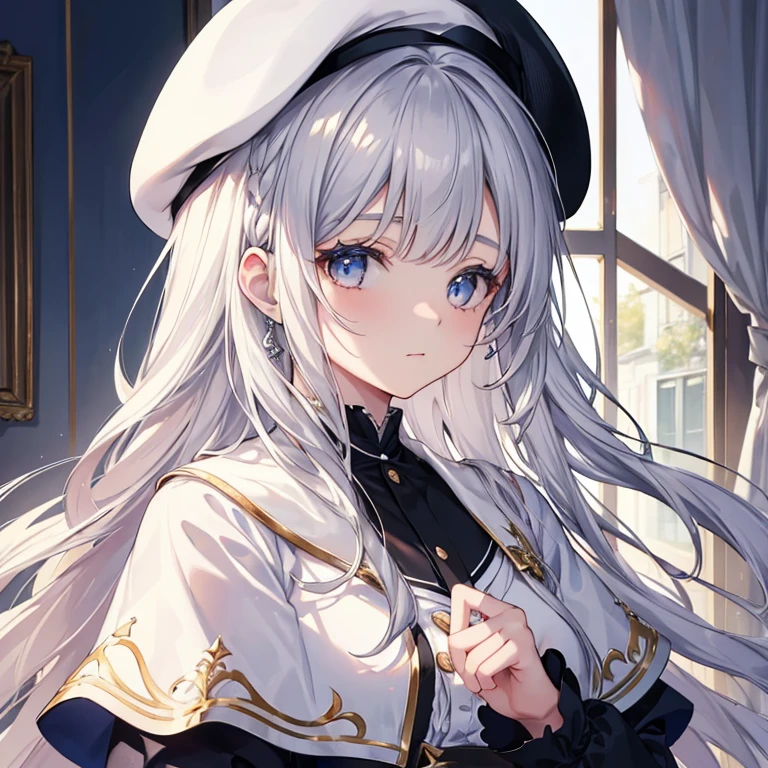 (Celia Claire(seireigennsouki)), masterpiece, top quality, high resolution, one girl, white capelet, beret, , long hair, silver hair,