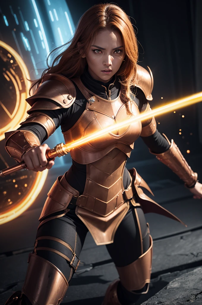 A copper skinned woman with deeply yellow eyes, dressed in full black armour, wielding a spear, fighting in a space battle.