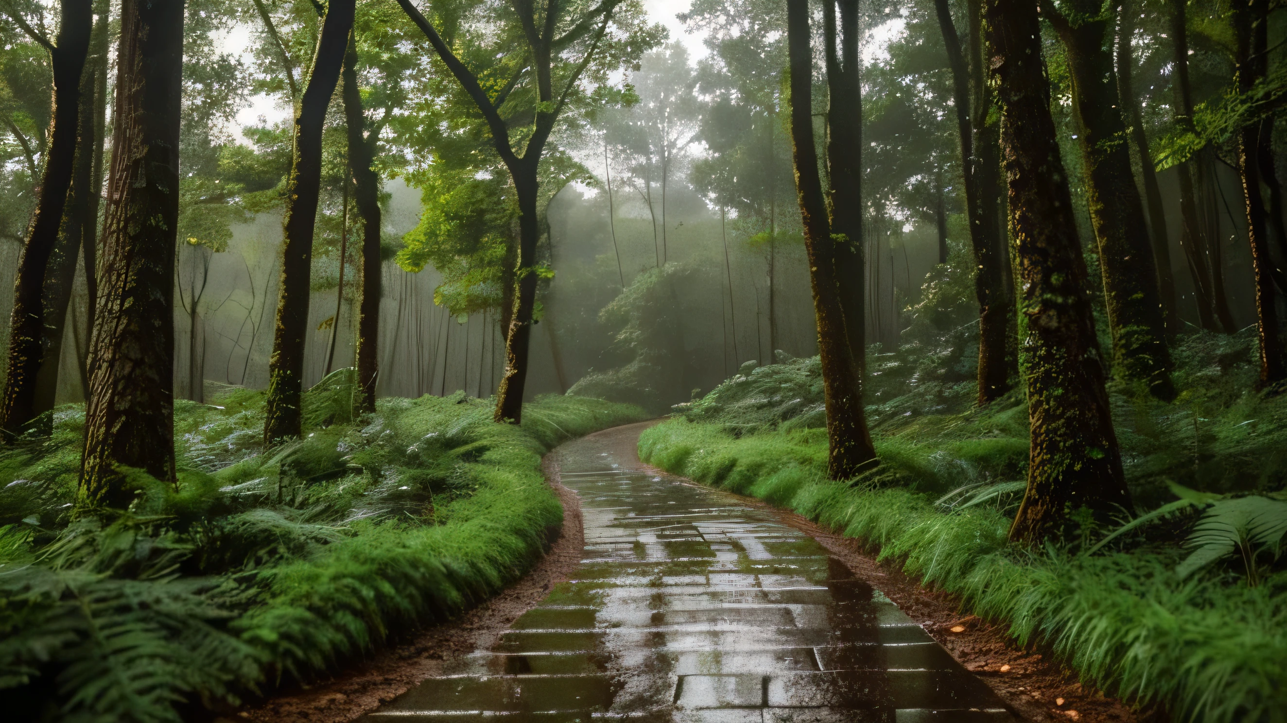 A crisp and detailed photo of a forest path with rain gently falling, creating a serene and peaceful atmosphere.