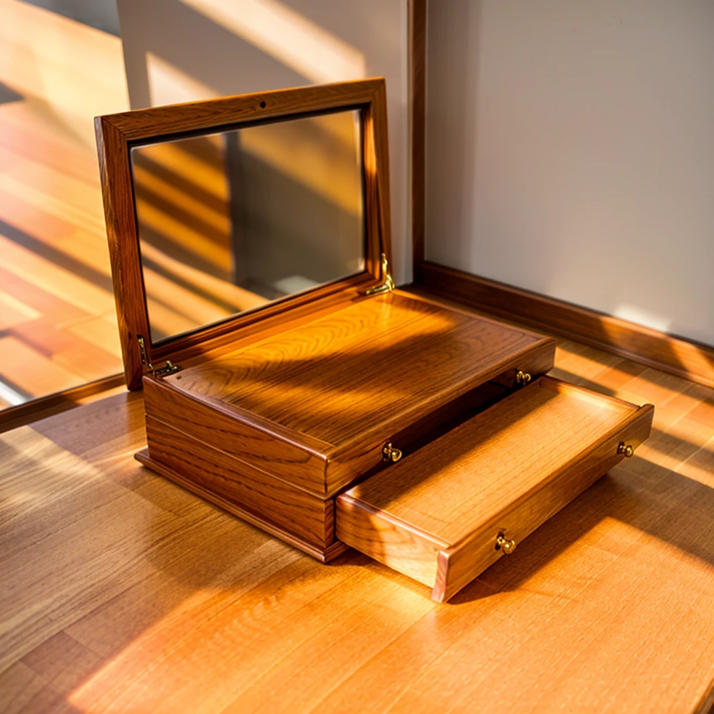 In this cozy room,A ray of sunlight shone through the half-drawn curtains on the table,Let the wood grain on the watch storage box shine with a faint luster。There was a calm and peaceful atmosphere in the air around them。There are several still lifes hanging on the walls of the room,It adds a touch of elegance to the space。And on the other side of the room,The half-open window lets in the breeze,The pages on the small desk by the window turned in the wind,This quiet scene gives a sense of tranquility and comfort。