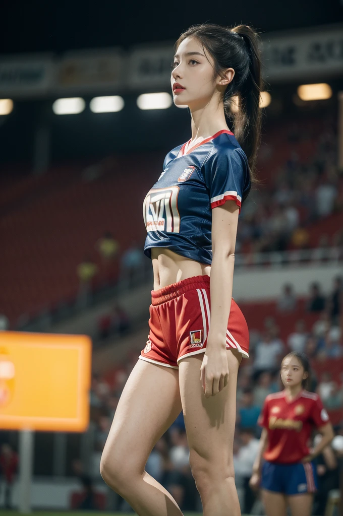 (((best quality))), (((ultra detailed))), (((masterpiece))), illustration,(a beautiful girl,female footballer,solo),(short ponytail:1.2),Spanish team,(short sleeves:1.2),((red jersey, blue shorts)),((slim,thin)),((small breasts,flat chest))),(slender legs:1.2),(football:1.3),determination, agility, passion, dedication, energetic crowd, vibrant atmosphere, electric, invigorating, chaotic, aggressive movements, powerful kicks, elegance, composure, intensity, sports, moment, perseverance, stands, packed stands, enthusiastic fans, roaring, supportive, cheering, chanting, sheen of sweat, skillful, dynamic, picturesque, atmospheric, action-packed, dramatic, realistic,adium, night game, stadium lighting, passionate player, focus, determination, talent, artistry, movement, speed, grace,(standing:1.3),((from front,full body)),(night scene:1.3)