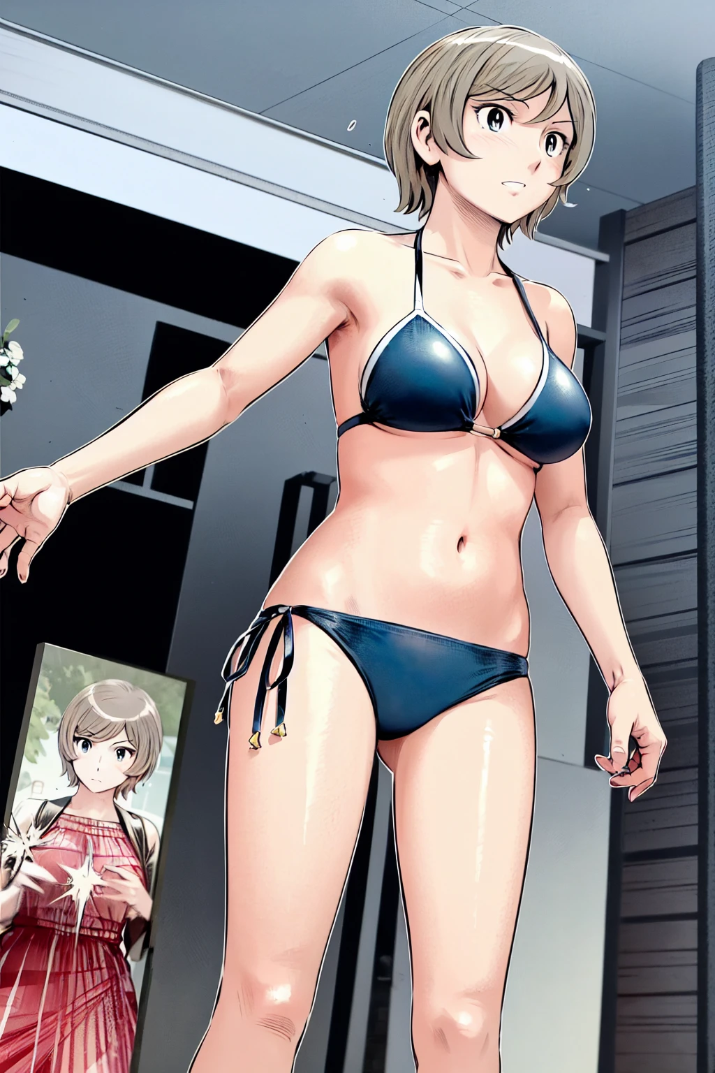 (slingshot bikini:1.2),
Blonde, (short hair:1.2),Illustration of a person、
View your viewers,, (Highest quality:1.3),One Girl, beach、Outdoor、 ground、ground、soil、blue eyeicro Bikini、(masterpiece、Highest quality)、Highest quality, Ultra-high resolution, (((masterpiece))), alone, Large breasts、One Girl, Front view、Embarrassed face、Bronze colored hair、((short hair))、Stand up straight、Cowboy Shot