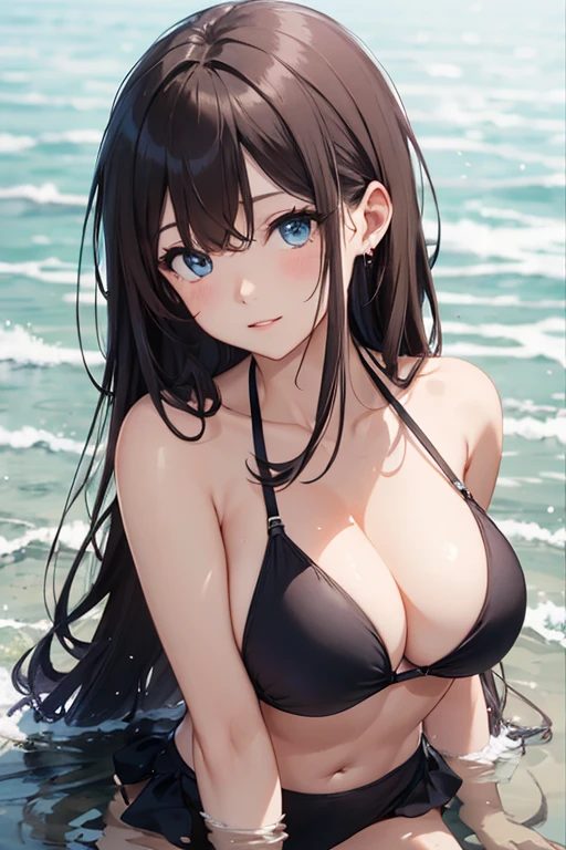 Brown long hair、stunning breasts、Black Bikini、Blue Eyes、beautiful、water、waterが上から降ってきている、It&#39;s dynamic