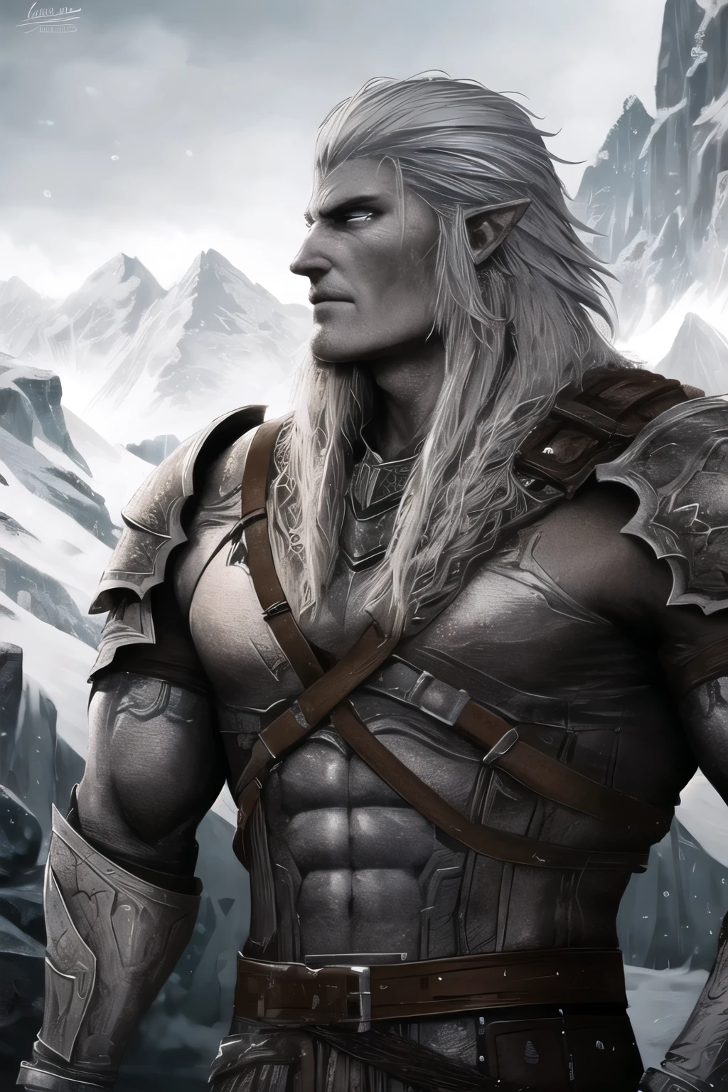 a white orc with bow in hand, snowy mountainous background, looking at camera, closed leather armor, detailed facial features, beautiful detailed eyes, beautiful detailed lips, extremely detailed eyes and face, long eyelashes, muscular armor body, detailed clothing textures, dramatic lighting, cinematic composition, fantasy art, epic scale, hyperrealistic, 8k, high quality, masterpiece, photorealistic