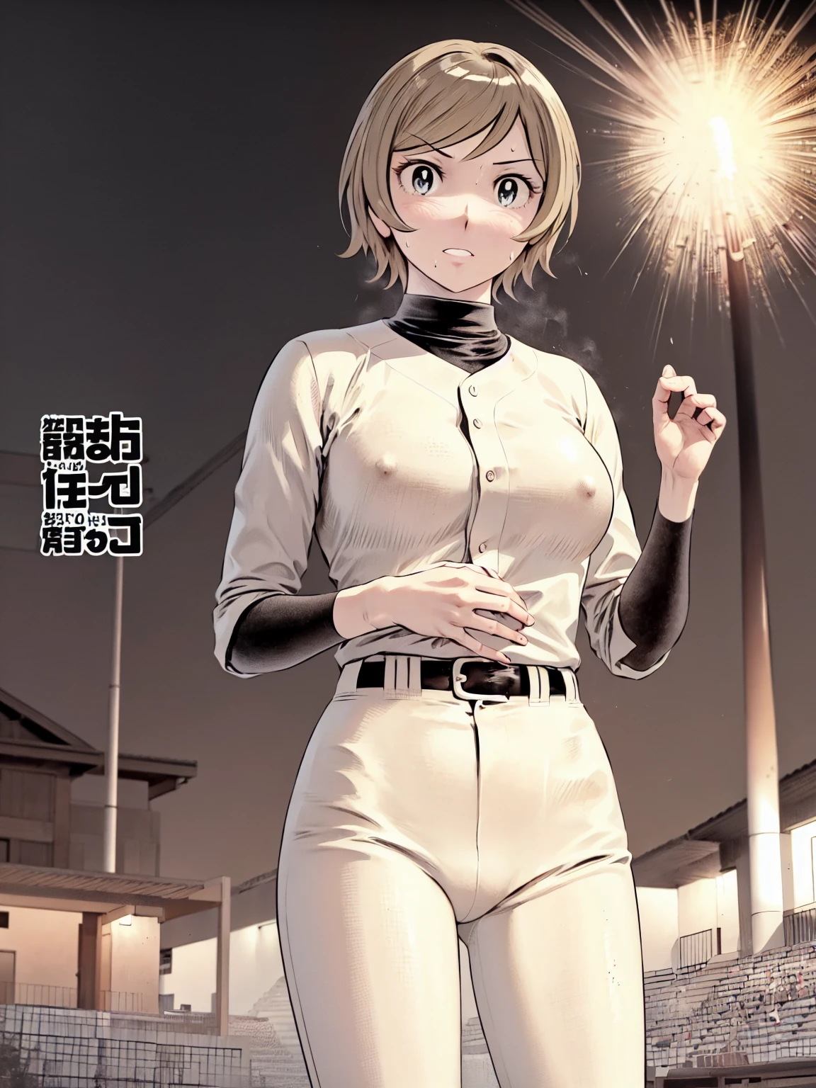 (野球uniform:1.2),
blonde, (short hair:1.2),Long sleeve, Black Shirt, turtleneck,White trousers、uniform、Black belt、((Illustration of people))、big 、Covered in mud、Soil stains、ドロドロのuniform、
View your viewers,, (Highest quality:1.3),One Girl, White pants、uniform、Outdoor、baseball ground、ground、soil、blue eyes、Tight black shirt、(masterpiece、Highest quality)、Highest quality, Ultra-high resolution, (((masterpiece))), alone, Sweat、big eyes、big Breasts、Torn clothes、 Fully exposed、Nipples、One Girl, Front view、Embarrassed face、Bronze colored hair、((Baseball Cap、short hair))、Stand up straight、Cowboy Shot