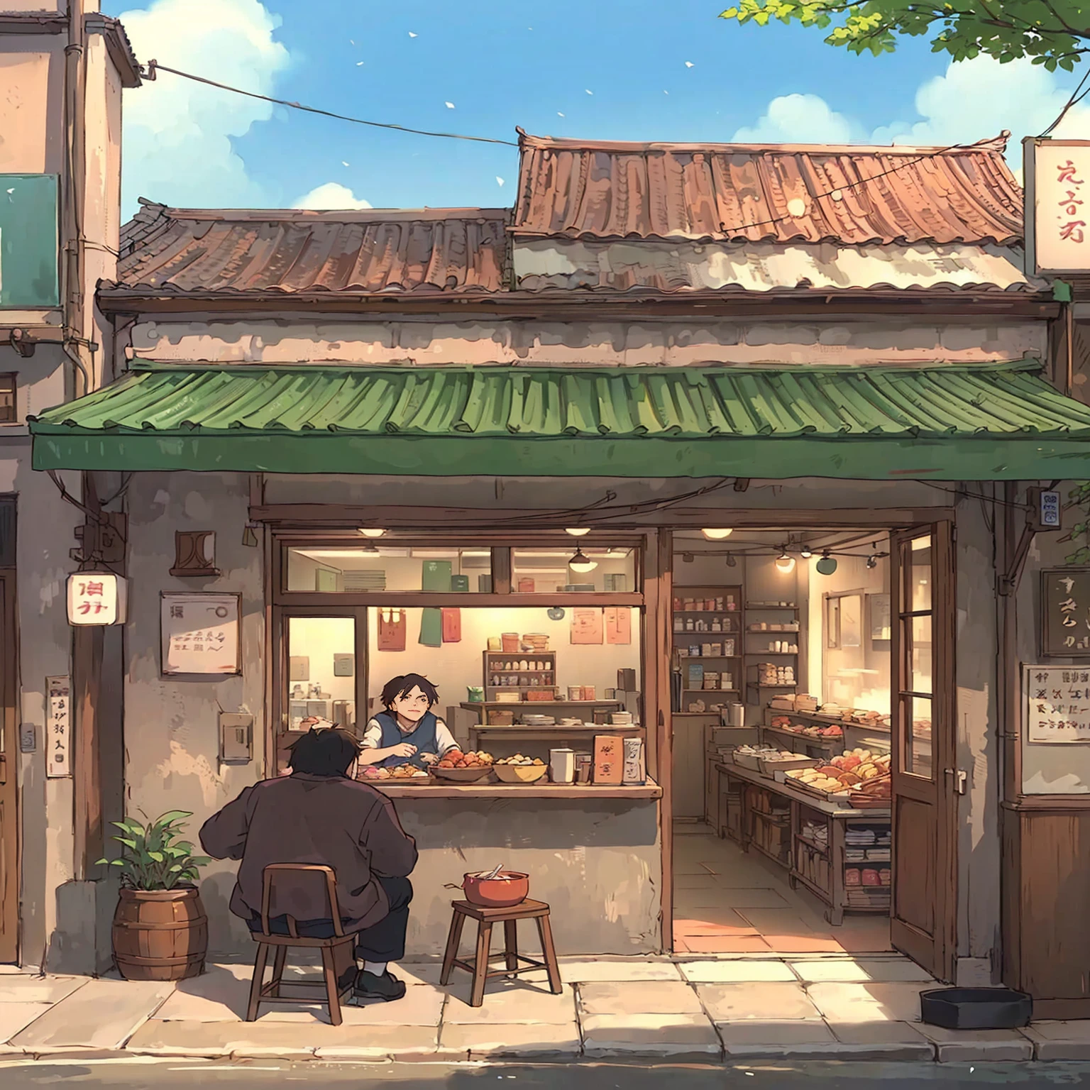Anime scene with a man and a woman sitting outside a small store, Anime Background Art, in Makoto Shinkai's style, Makoto Shinkai's style, Anime Landscape Concept Art, commend, commend art, Low-fidelity illustration style, commend artstyle, Shinkai Makoto style, Studio Ghibli's art style, Studio Ghibli Aesthetics