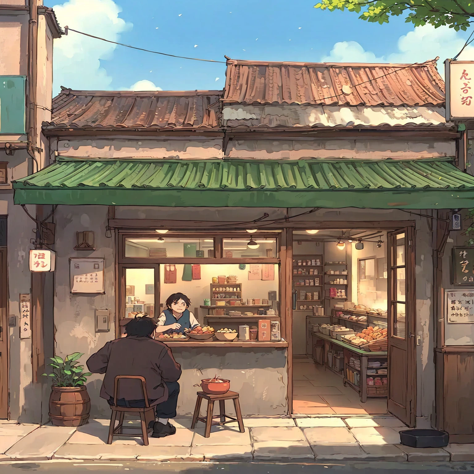 Anime scene with a man and a woman sitting outside a small store, Anime Background Art, in Makoto Shinkai&#39;s style, Makoto Shinkai&#39;s style, Anime Landscape Concept Art, commend, commend art, Low-fidelity illustration style, commend artstyle, Shinkai Makoto style, Studio Ghibli's art style, Studio Ghibli Aesthetics