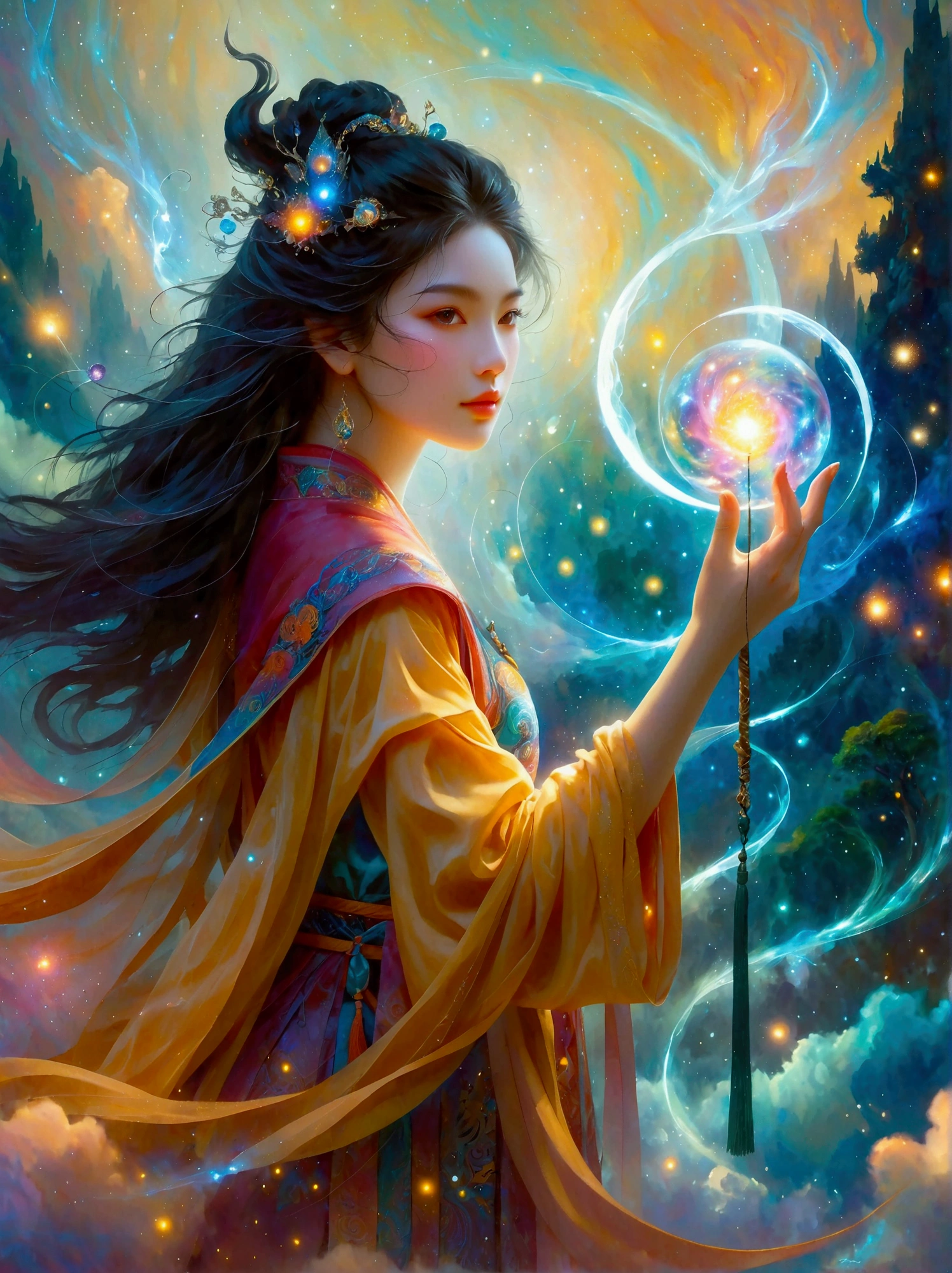 An imaginative scene depicting a youthful female sorceress of East Asian descent, named My. She is powerfully invoking magical spells with her eyes sparkling with arcane energy. Her enchantments are birthing a fresh, ethereal realm. The realm manifests as an intricate spectacle of galaxies, forests, mountains, oceans and cities, radiating with mystic colors. Her robe is flowing with the wind and symbols of enchantment are glowing on her staff's surface. The whole scene is imbued with a fantastical, otherworldly essence.