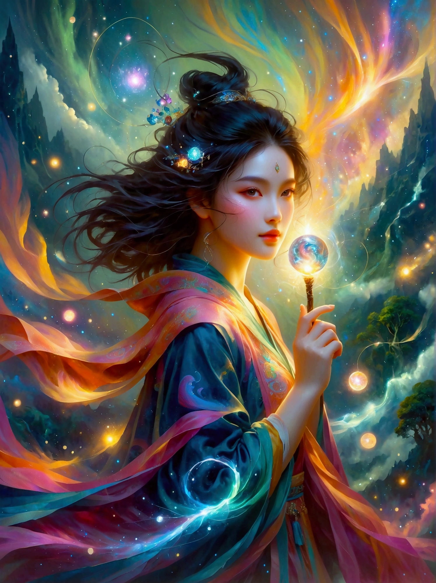An imaginative scene depicting a youthful female sorceress of East Asian descent, named My. She is powerfully invoking magical spells with her eyes sparkling with arcane energy. Her enchantments are birthing a fresh, ethereal realm. The realm manifests as an intricate spectacle of galaxies, forests, mountains, oceans and cities, radiating with mystic colors. Her robe is flowing with the wind and symbols of enchantment are glowing on her staff's surface. The whole scene is imbued with a fantastical, otherworldly essence.