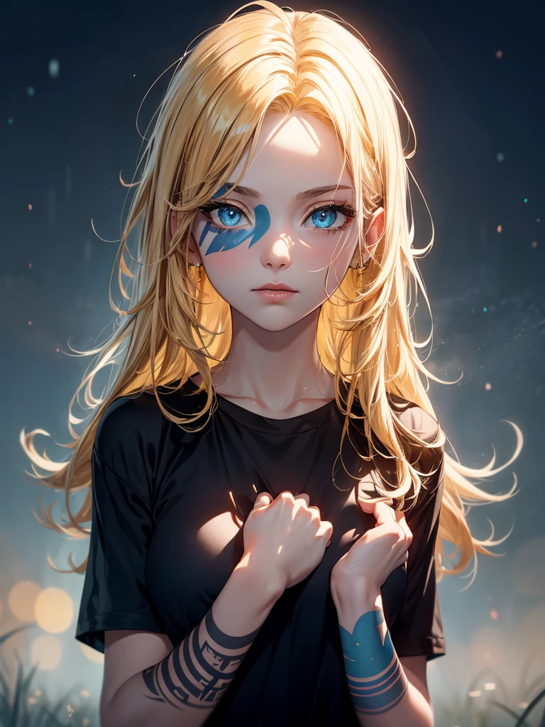 masterpiece, Cowboy shot, (1woman), (golden hairs), (Black tshirt:1.2), (beautiful blue eyes), (tribal tattoo on hands), White, Orange and Blue colors, Foggy background, Graceful pose, (looking at viewer), (front view), (from sky), (bokeh:1.2)  sultry look, seductive,
