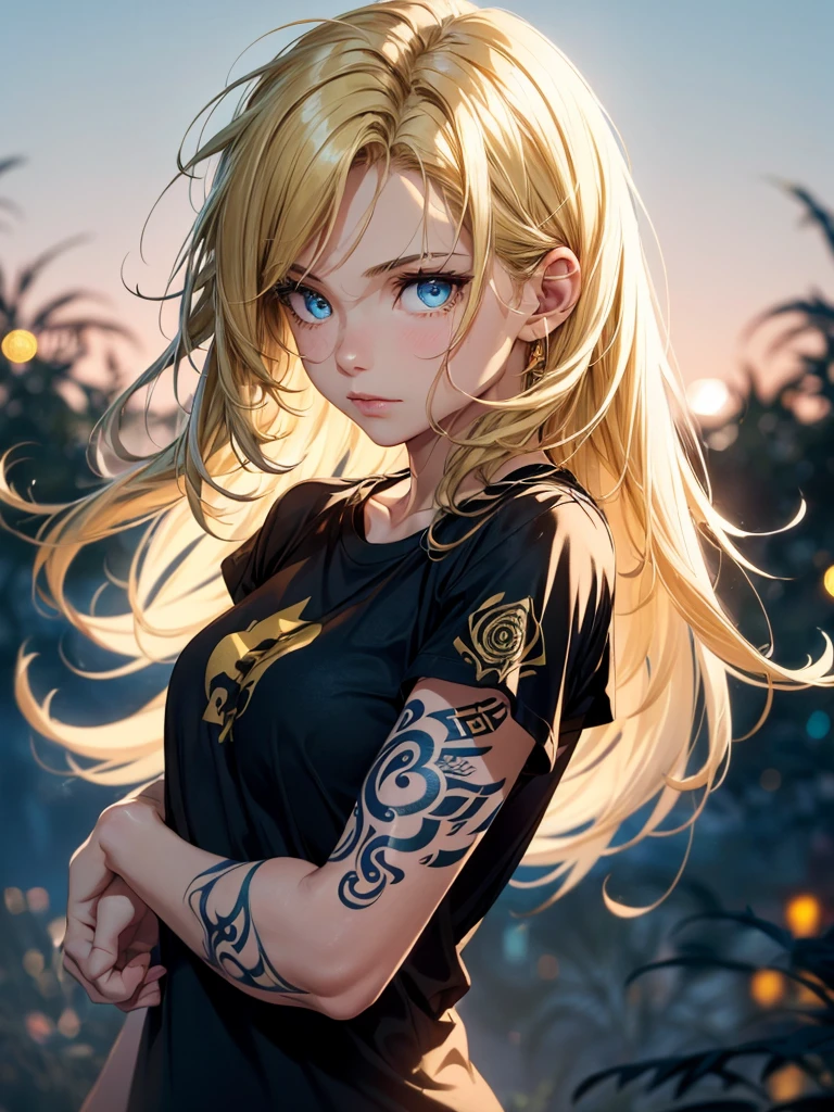 masterpiece, Cowboy shot, (1woman), (golden hairs), (Black tshirt:1.2), (beautiful blue eyes), (tribal tattoo on hands), White, Orange and Blue colors, Foggy background, Graceful pose, (looking at viewer), (front view), (from sky), (bokeh:1.2) sultry look, seductive,