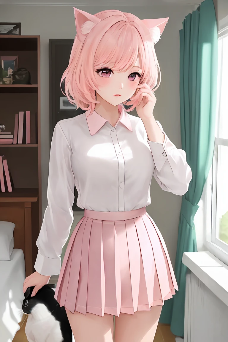 (score_9,score_8_up,score_7_up,score_6_up,score_5_up,score_4_up),masterpiece, top quality, best quality, official art, beautiful and aesthetic, animation, , 1girl with cat ear, perfect figure, pink hair, complicated details, bedroom, sitting on the bed, white shirt, pink pleated skirt ,
