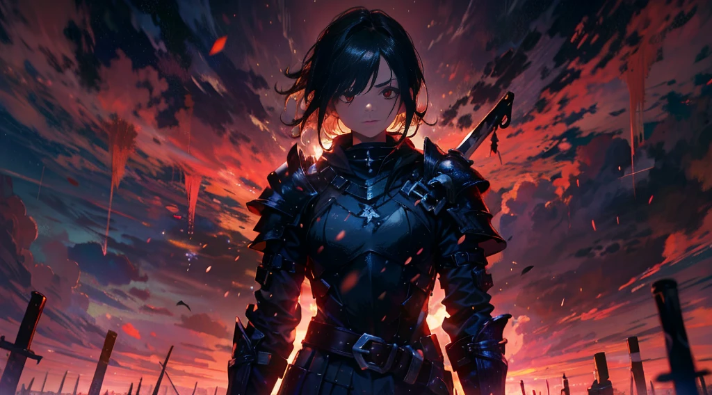 masterpiece, best quality, high quality, detailed, ultra detailed, hyper detailed, insanely detailed, exquisite, beautiful, FHD, Full-HD, 4K, 8K, 16K, highres, absurdres, ((1girl)), medium shot,mystic knight, serious look, sword fighting, covering one eye, black hair, red eyes, armor, long boots, with a sword, fantasy,hailoknight, holding sword, holding weapon
