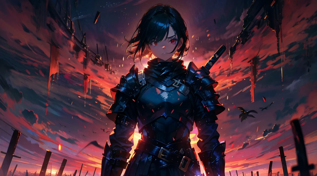 masterpiece, best quality, high quality, detailed, ultra detailed, hyper detailed, insanely detailed, exquisite, beautiful, FHD, Full-HD, 4K, 8K, 16K, highres, absurdres, ((1girl)), medium shot,mystic knight, serious look, sword fighting, covering one eye, black hair, red eyes, armor, long boots, with a sword, fantasy,hailoknight, holding sword, holding weapon