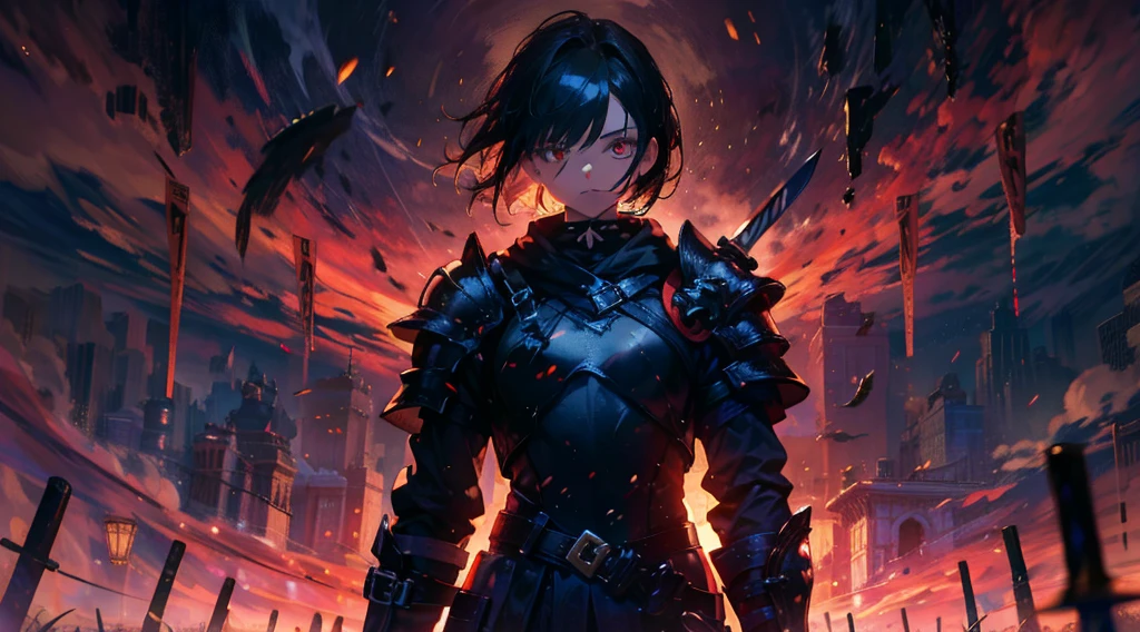 masterpiece, best quality, high quality, detailed, ultra detailed, hyper detailed, insanely detailed, exquisite, beautiful, FHD, Full-HD, 4K, 8K, 16K, highres, absurdres, ((1girl)), medium shot,mystic knight, serious look, sword fighting, covering one eye, black hair, red eyes, armor, long boots, with a sword, fantasy,hailoknight, holding sword, holding weapon