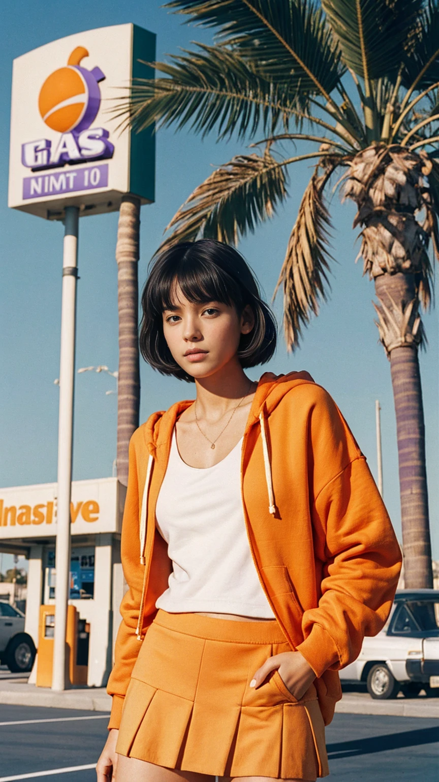 long shot portrait of cute 23 yo girl ,wear ((orange color oversized hoodie)), wear ((purple tennis skirt)),looking viewer,Best Quality,Masterpiece,Ultra High Resolution,(Realisticity:1.4),Original Photo, 1Girl, light leak,ultra high resolution,UHD,beautiful, (black bob hair), almond eye, no makeup, in front of ((80's gas station)), (realistic:1.2), (very detailed:1.1), ((masterpiece)),summer, blue sky, palm trees,sunny, los angles vibes,film camera, 800mm lens,style of Philip Lorca diCorcia