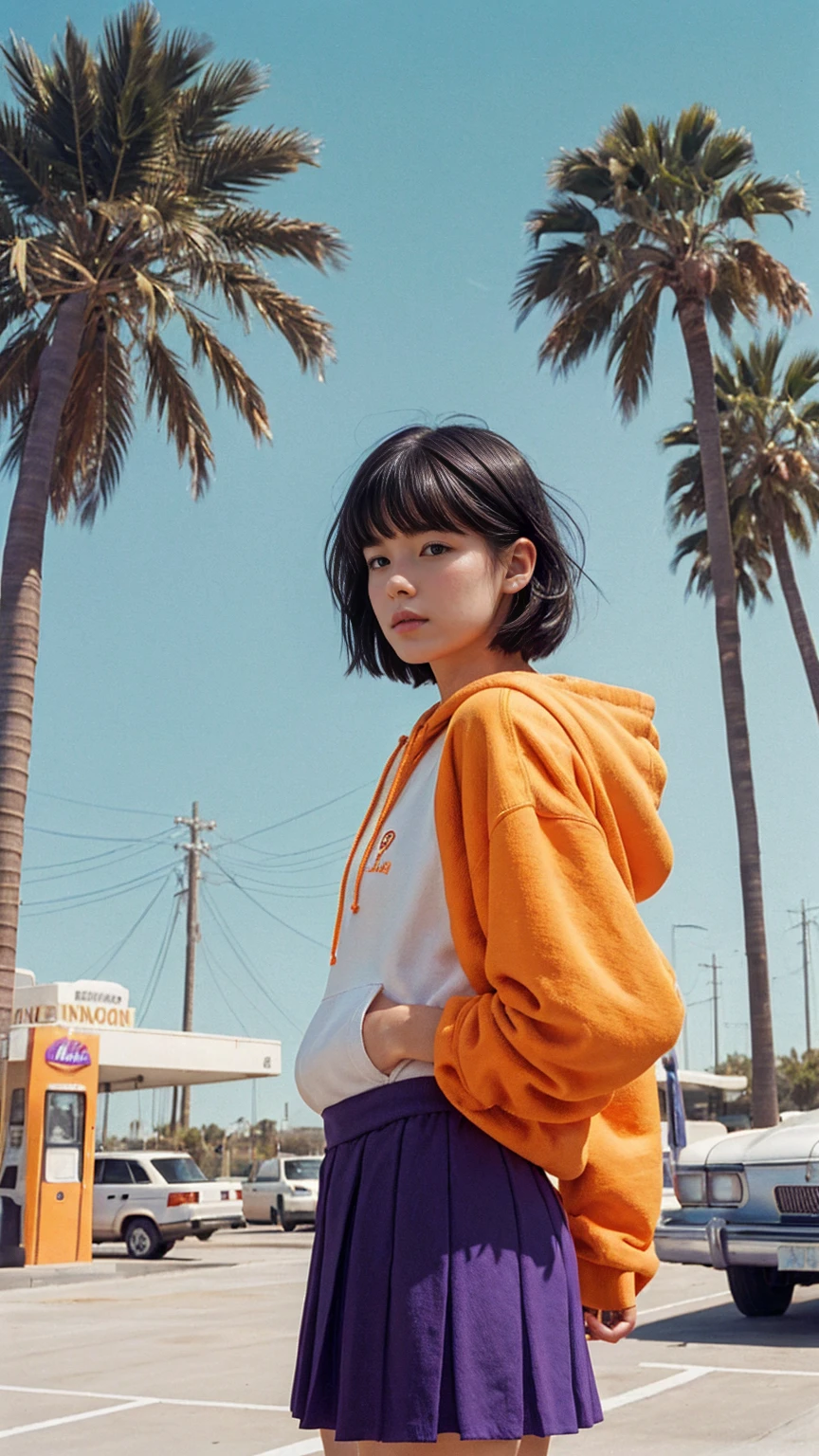 long shot portrait of cute 23 yo girl ,wear ((orange color oversized hoodie)), wear ((purple tennis skirt)),looking viewer,Best Quality,Masterpiece,Ultra High Resolution,(Realisticity:1.4),Original Photo, 1Girl, light leak,ultra high resolution,UHD,beautiful, (black bob hair), almond eye, no makeup, in front of ((80's gas station)), (realistic:1.2), (very detailed:1.1), ((masterpiece)),summer, blue sky, palm trees,sunny, los angles vibes,film camera, 800mm lens,style of Philip Lorca diCorcia