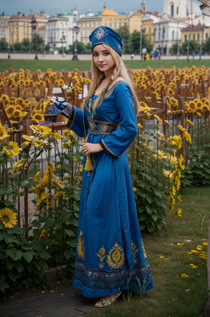 femme ukrainienne, corps entier, beau visage, jolie corps, (robe traditionel), smirk, (drapeau Ukrainien en fond), ((dans la ville de Lviv)),grande place de l'opéra