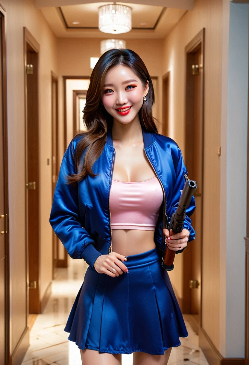 Half body photo, 1 beautiful Asian girl; coy smile, royal blue satin bomber jacket; (holding a shotgun in in her hands:1.4), satin skirt,, long hair,wearing jewelry, natural makeup, extremely detailed eyes and face, lovely smile, delicate blush, sensuous lips, intricate facial details, perfect skin, flawless skin texture perfect, ; standing in a long hallway with many doors, evening lighting, vivid colors, , subtle , dreamy, luxurious atmosphere, low lighting; Super high quality, surreal, 8K, high resolution, masterpiece, detailed, extremely magical, professional cinematic lighting, , vibrant colors; Fine brushstrokes,ethereal vibe,mesmerizing gaze,dreamy atmosphere,blending elegance,subtle color gradients,,understated beauty. In the background several men lay unconscious on the hallway floor