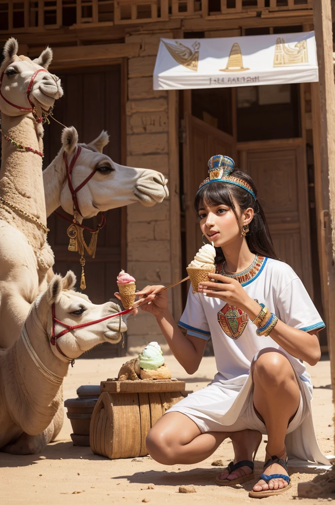 Create an Egypt with a camel eating ice cream🍨