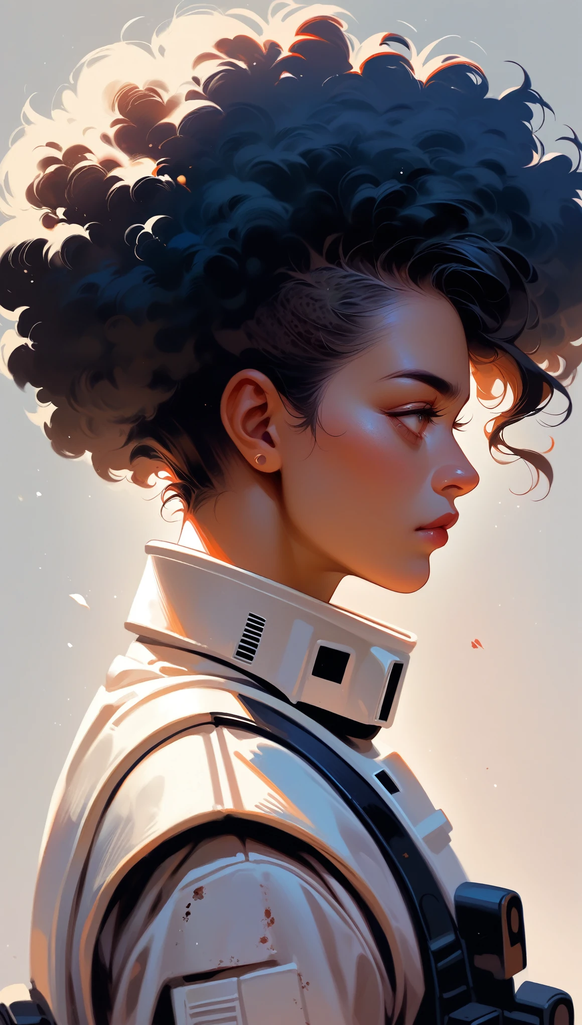 Stormtrooper、Afro-American、20-year-old、woman、Black Hair、profile、Upper Body、Simple Background