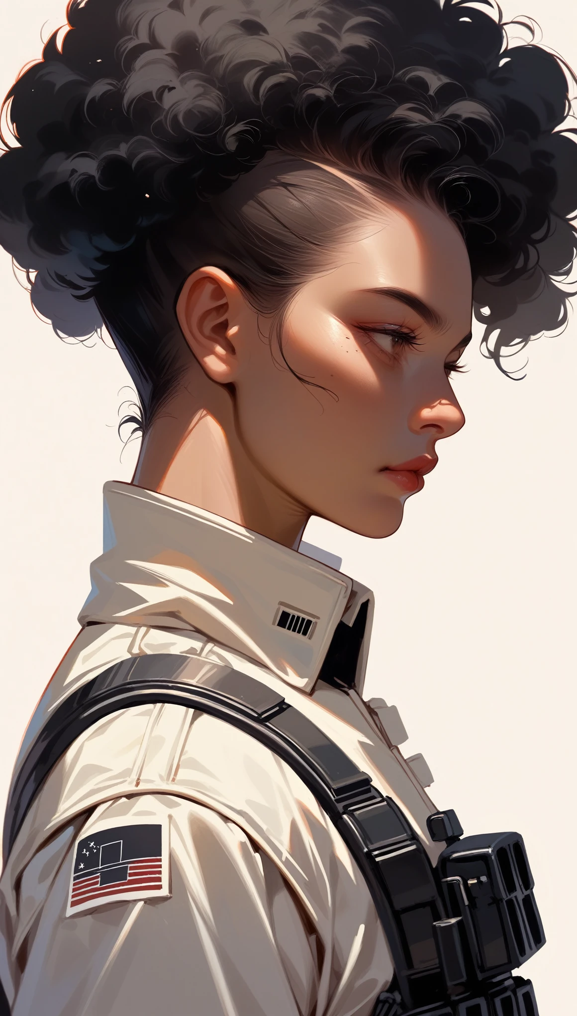 Stormtrooper、Afro-American、20-year-old、woman、Black Hair、profile、Upper Body、Simple Background