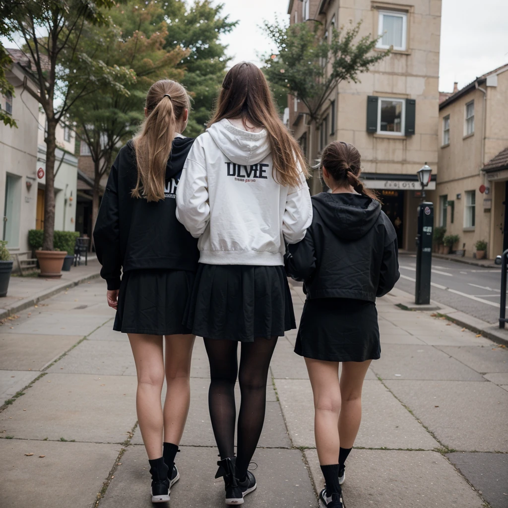 ((best quality)), ((masterpiece)), (detailed), only 1 girl with long blond hair, walking in black hoodie and black skirt and black high black socks and black shoes in old town, tublr mood, view from back on scene