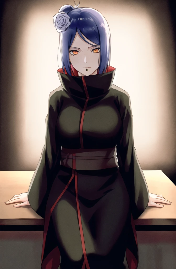 konan \(naruto\), solo, looking_at_viewer, 1girl, closed_mouth, akatsuki outfit, akatsuki outfit partially taken off, labret piercing, looking at the viewer, (((sitting on the table inside dark room))), night time, busty, large breasts, akatsuki robe with red clouds