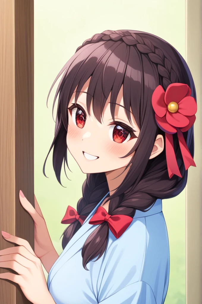 alone, One girl、Crown braids in the same color as your hair, hair ornaments, Hair Ribbon,(A light blue kimono with a red floral pattern and a red obi.)、Red Eyes、Black Hair、(blush:1.4)、(Happy smile:1.4)、Larger breasts、Tanabata
