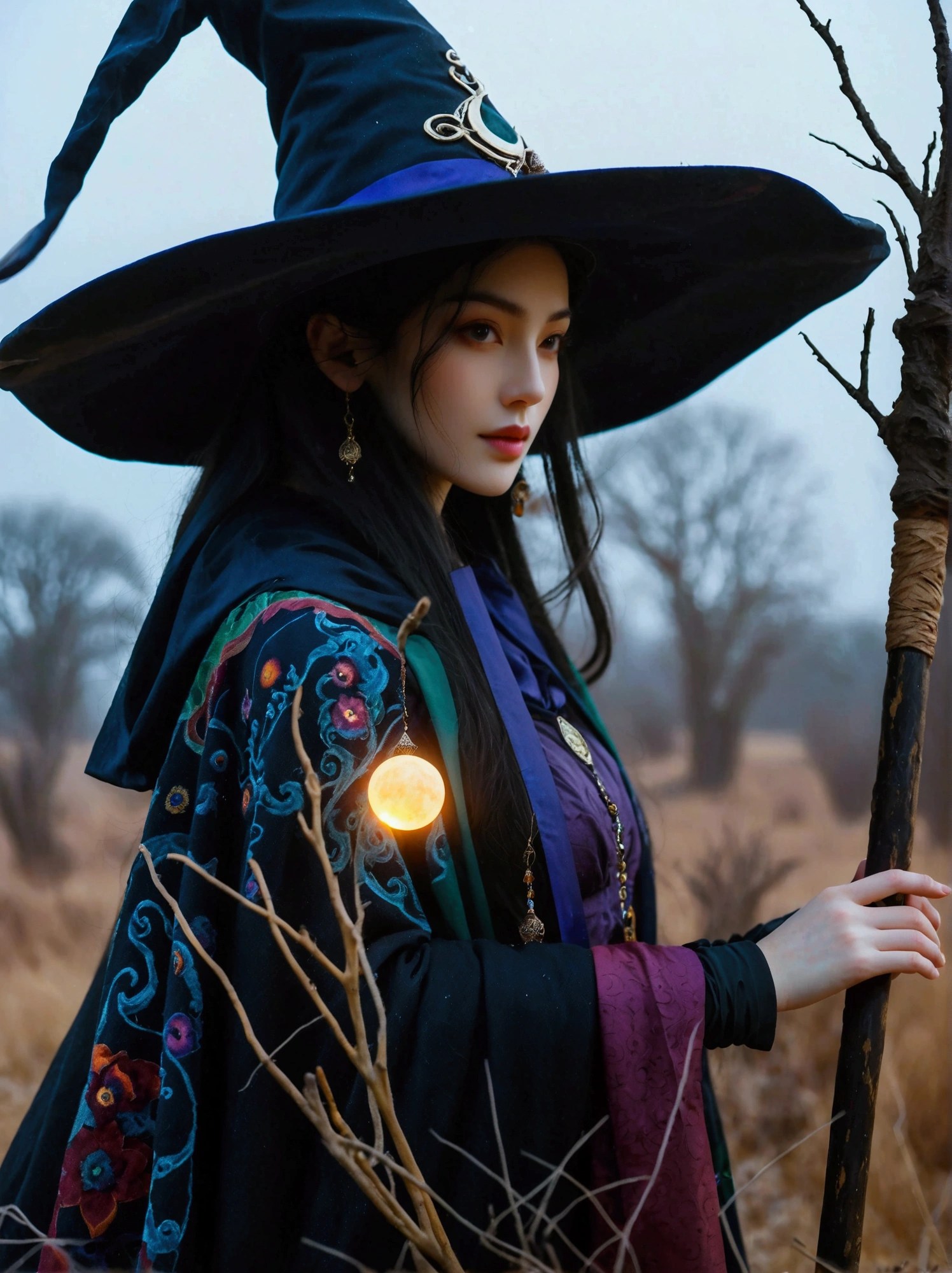 A central perspective shot of a Middle-Eastern female witch donned in a long, flowing cloak of deep hues. Her hair is hidden under a tall, pointed hat adorned with enchanting symbols. In her hands, she holds an old, gnarled wooden staff, emanating an eerie glow at its tip. Around her, the scene is a murky twilight, with faint, misty tendrils of fog swirling at her feet. Further in the background, a desolate landscape with leafless trees and an eerie moon looming in the sky.