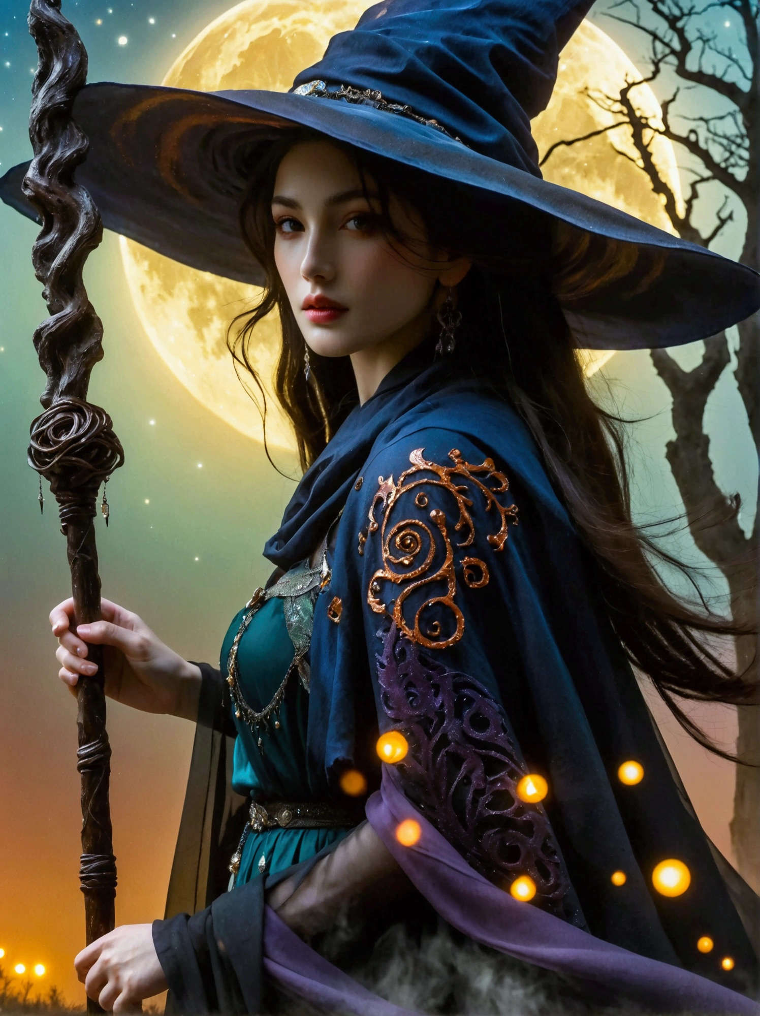 A central perspective shot of a Middle-Eastern female witch donned in a long, flowing cloak of deep hues. Her hair is hidden under a tall, pointed hat adorned with enchanting symbols. In her hands, she holds an old, gnarled wooden staff, emanating an eerie glow at its tip. Around her, the scene is a murky twilight, with faint, misty tendrils of fog swirling at her feet. Further in the background, a desolate landscape with leafless trees and an eerie moon looming in the sky.