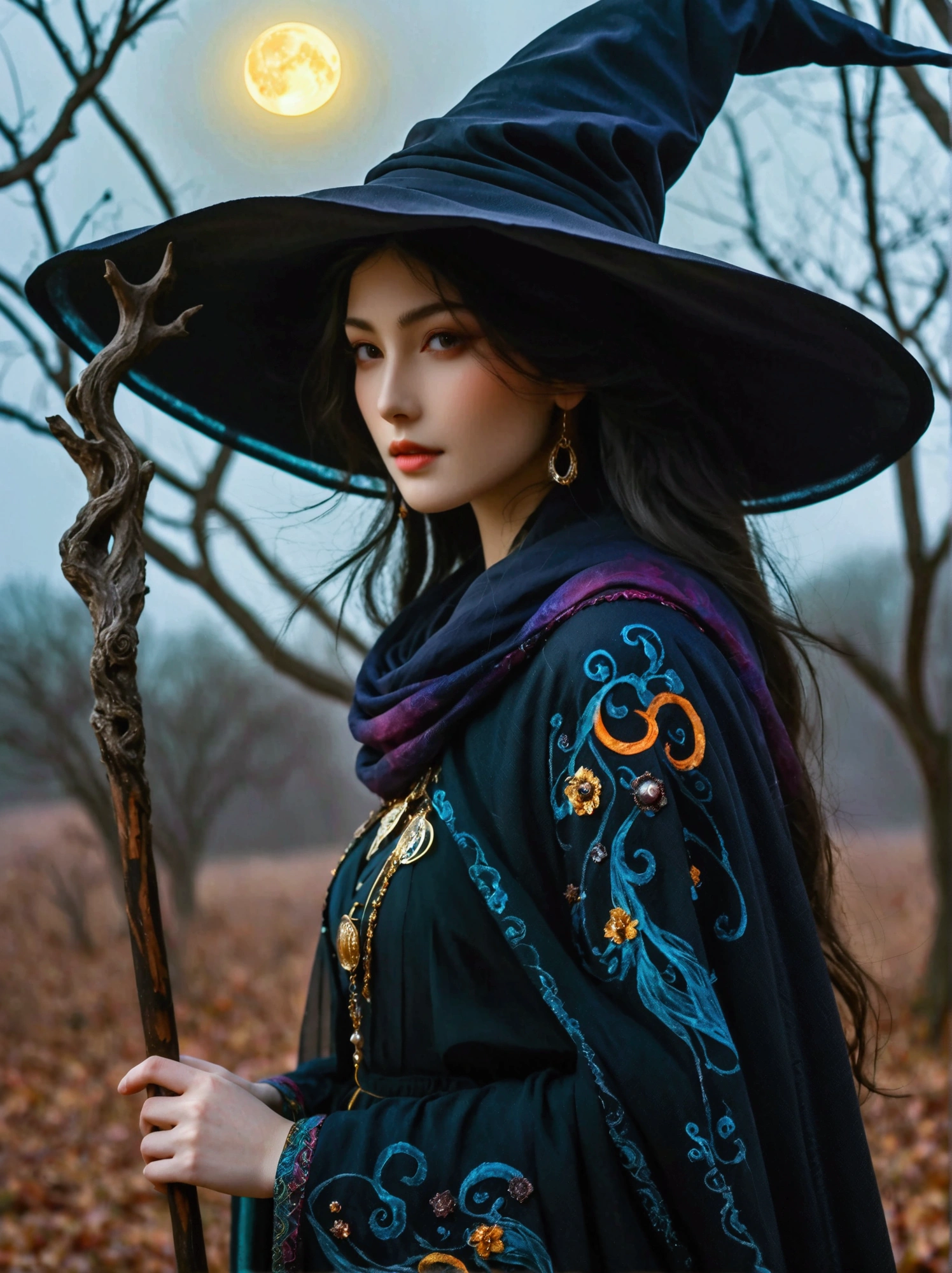 A central perspective shot of a Middle-Eastern female witch donned in a long, flowing cloak of deep hues. Her hair is hidden under a tall, pointed hat adorned with enchanting symbols. In her hands, she holds an old, gnarled wooden staff, emanating an eerie glow at its tip. Around her, the scene is a murky twilight, with faint, misty tendrils of fog swirling at her feet. Further in the background, a desolate landscape with leafless trees and an eerie moon looming in the sky.