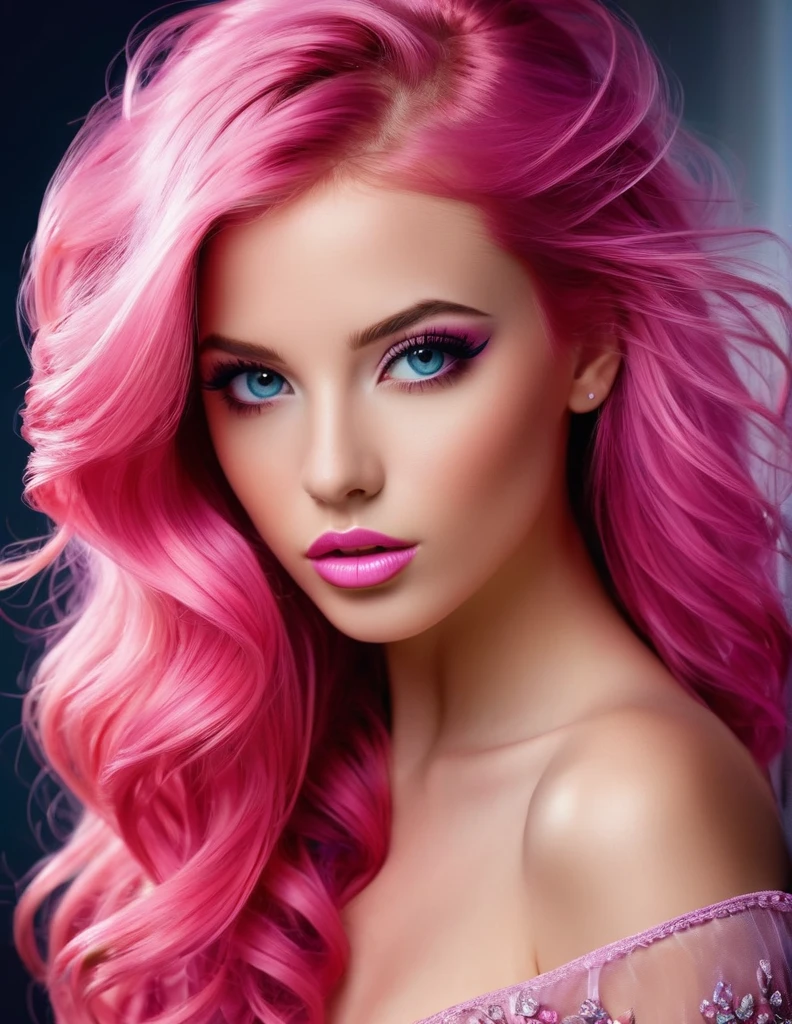 very attractive 25 year old female with long bright pink hair, best quality,High resolution,illustration de mode,elegant models,Beautiful detailed eyes,Detailed lips and face,mode glamour,poses de piste,couleurs vives,Elegant dresses,accessoires magnifiques,éclairage de studio professionnel,peinture ultrafine,realistic textures,Parcours artistique