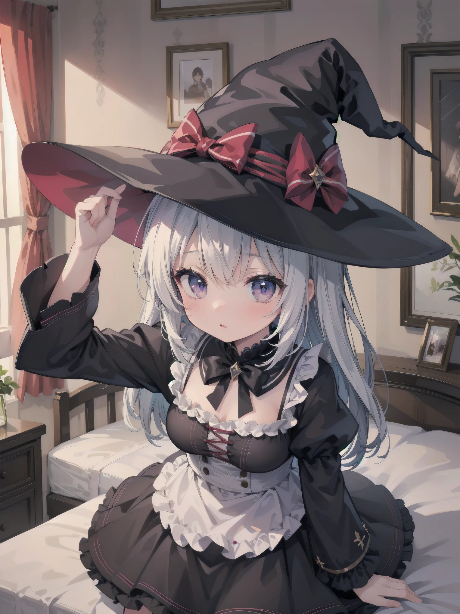 masterpiece, illustration, super detailed, kawaii, one girl, solo, witch in super cute pose, bed room, cowboy shot  ,sfw, Dynamic angle